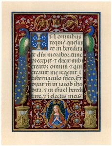 Página de texto com a Virgem e dois pavões, c1490