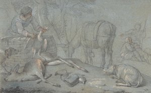 Caçadores com jogo morto em uma paisagem, 1600-1800. de Giovanni Agostino Cassana