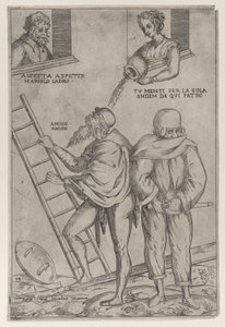 Um homem sobe uma escada enquanto uma mulher joga água nele de cima, 1575-99.