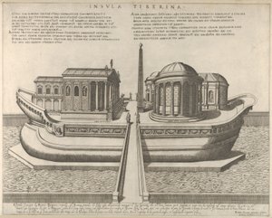 Vista da Ilha Tiberina representada como um navio, o Templo de Esculápio à esquerda, 1582., 1582.