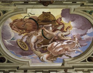 A queda de Phaeton (Phaethon) e sua carruagem celestial causada pela raiva de Zeus - Frescoes in trompe l