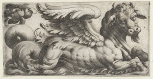 Touro marinho alado com cavanhaque Frísios com monstros marinhos (título da série) de Giovanni Andrea Maglioli