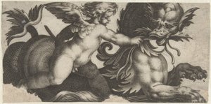 Putto alimenta um monstro marinho com uma folha Frísios com monstros marinhos (título da série)