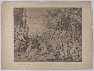 Putti diante de uma estátua de Vênus, depois de Ticiano, 1636. de Giovanni Andrea Podesta