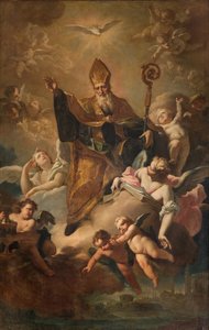Transepto sul, Altar de San Benedetto, São Bento na Glória enquanto abençoa a cidade, Retábulo de Giovanni Angelo Borroni, São Bento na Glória enquanto abençoa a cidade 1744 de Giovanni Angelo Borroni