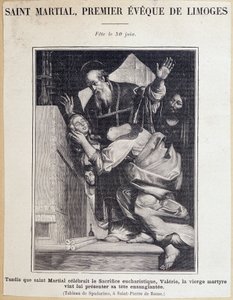 São Marcial (século III), primeira eveque de Limoges. Durante a celebração do sacrifício eucarístico, a Virgem Valerie vem apresentar a sua cabeça sangrenta a São Martiel. Festa no dia 30 de Junho. Gravura depois da pintura de Spadarino.