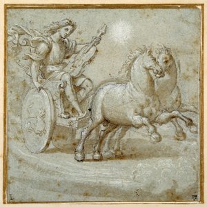 Apollo sentado na sua carruagem com a sua viola (giz preto, caneta e tinta castanha com lavagem castanha acentuada com a cor branca do corpo na carta azzurra) de Giovanni Antonio (circle of) Pordenone