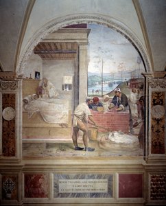 Bento aparece a dois monges e lhes apresenta o projeto de um afresco do mosteiro do cloitro feito por Antonio Bazzi dit il Sodoma (1477 - 1549) relatando a vida de São Bento de Nursie (480 - 567) fundador da Ordem de Bento 1503 - 1508 Ab de Giovanni Antonio Bazzi Sodoma