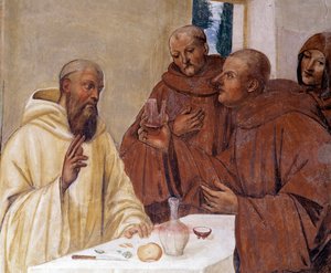 Benedito parte um copo de vinho envenenado fazendo o sinal da cruz Detalhe afresco do cloitro feito por Antonio Bazzi dit il Sodoma (1477 - 1549) recontando a vida de São Bento de Nursie (480 - 567) fundador da Ordem de Beneditino 1503 - 1508 de Giovanni Antonio Bazzi Sodoma