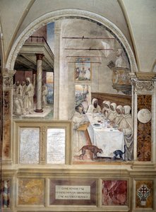 Bento recebe farinha em abundância e alimenta os monges afresco do claustro feito por Antonio Bazzi dit il Sodoma (1477 - 1549) relatando a vida de São Bento de Nursie (480 - 567) fundador da Ordem de Bento 1503 - 1508 Abadia de Monte Oliveto de Giovanni Antonio Bazzi Sodoma