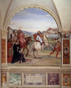 "Como Bento deixou a casa de seu pai e foi a Roma para estudar" (Bento deixou a casa de seu pai e foi a Roma para estudar) Afresco de claustro feito por Antonio Bazzi dit il Sodoma (1477-1549) relatando a vida de São Bento de Nursia (480 - 567) fundado de Giovanni Antonio Bazzi Sodoma