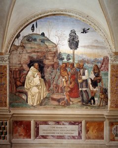 Como Bento ensina a santa doutrina aos camponeses que o visitam (São Bento ensina a santa doutrina aos camponeses que o visitam) Fresco do claustro feito por Antonio Bazzi dit il Sodoma (1477 - 1549) narrando a vida de São Bento de Nurs de Giovanni Antonio Bazzi Sodoma