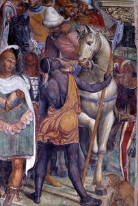 Como Benoit conhece os dois jovens romanos Maur e Placide (São Bento conhece os jovens romances Maurus e Placid) Detalhe da escolta dos jovens - Fresco do cloitro feito por Antonio Bazzi dit il Sodoma (1477 - 1549) recontando a vida de São Bento de Giovanni Antonio Bazzi Sodoma