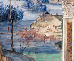 Como São Maurício caminha sobre a água para resgatar Plácido (Maurício caminha sobre a água para resgatar Plácido) - Detalhe Fresco do claustro feito por Antonio Bazzi dit il Sodoma (1477-1549) relatando a vida de São Bento de Nursie (480 - 567) fundador d de Giovanni Antonio Bazzi Sodoma