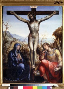 A crucificação com a Virgem e João Baptista. Inscrição "I.N.R.I.". (INRI) na cruz. Pintura por Sodoma (ou Giovanni Antonio Bazzi de Giovanni Antonio Bazzi Sodoma