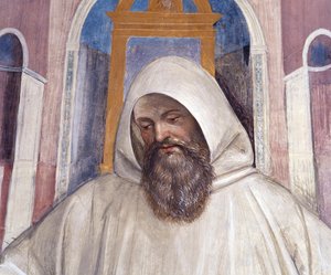 São Bento dá a regra aos monges olivetani Detalhe afresco do cloitro feito por Antonio Bazzi dit il Sodoma (1477 - 1549) relatando a vida de São Bento de Nursie (480 - 567) fundador da Ordem de Bento 1503 - 1508 Abadia de Monte O de Giovanni Antonio Bazzi Sodoma