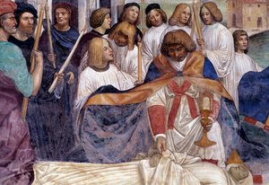 São Bento leva o corpo de Cristo sobre o corpo do monge que a terra se recusa a enterrar Detalhe afresco do cloitro realizado por Antonio Bazzi dit il Sodoma (1477 - 1549) relatando a vida de São Bento de Nursie (480 - 567) fundador da Orde de Giovanni Antonio Bazzi Sodoma