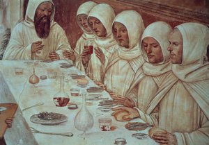 São Bento tendo obtido ampla farinha e alimentado os monges, detalhe da Vida de São Bento de Giovanni Antonio Bazzi Sodoma