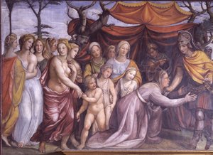A Sala delle Nozze de Alessandro e Rossana Salão do Casamento de Alexandre O Grande 356-323 aC e Roxanne detalhe de Alexandre com a família de Dario III, afresco c.1513 de Giovanni Antonio Bazzi Sodoma