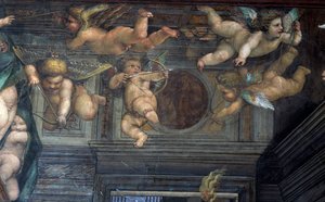 A, sala, delle, Nozze, de, Alessandro, e, Rossana, corredor, de, a, união, de, alexander, a, grande, 356-323, bc, para, Roxanne, detalhe, de, voando, putti, c.1513, afresco, detalhe, de, 107226 de Giovanni Antonio Bazzi Sodoma