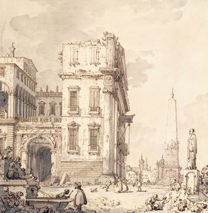 Um capricho de um palácio veneziano com vista para uma praça com um obelisco, de Giovanni Antonio Canal