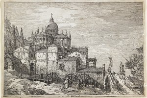Paisagem com uma igreja, casas e um moinho de Giovanni Antonio Canal