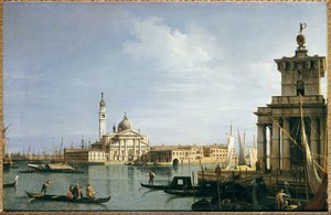 A ilha de San Giorgio Maggiore, Veneza, com a Punta della Dogana e numerosas embarcações de Giovanni Antonio Canal