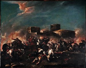 Pintura de batalha de Giovanni Antonio Guardi (1699-1760) Século 18 Veneza Museo Correr