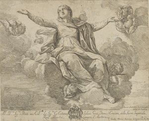 A Assunção da Virgem, que está sentada nas nuvens com os braços estendidos, ang..., 1685-1720. de Giovanni Antonio Lorenzini