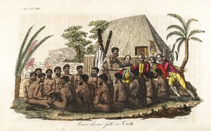 Os nativos havaianos oferecem um porco sacrificial ao Capitão James Cook perante 12 sacerdotes e um ídolo de madeira na casa sagrada de Orono. Placa de cobre colorida à mão gravada por Sasso depois de John Webber, de Giulio Ferrario