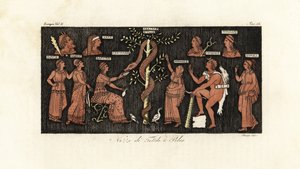 Heracles no seu 11º trabalho de parto, levando maçãs douradas do Jardim das Hespérides guardadas pela serpente Ladon