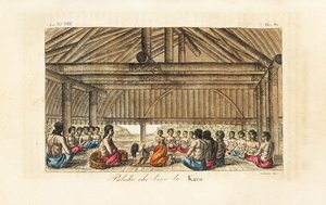 Rei Polaho bebendo kava numa longa casa, Tonga (Ilhas Amigas). Placa de cobre colorida à mão gravada por Sasso depois de John Webber, de Giulio Ferrario