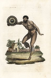 Homem nu tatuado do Havai (Ilhas Sandwich) a dançar para o Capitão James Cook