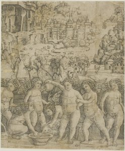 Sete Cupidos com dois carneiros em uma paisagem