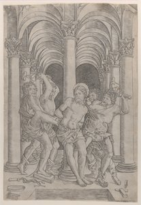 A Flagelação de Cristo que está amarrada a uma coluna no centro situada dentro de uma arcada, 1509., 1509.