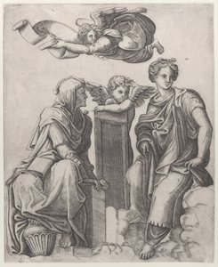 Duas figuras femininas sentadas nas nuvens ladeando um anjo e outra voando acima ..., ca. 1510-25. de Giovanni Antonio da Brescia