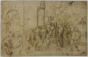 Acrobatas a atuar perante uma régua (anverso); Cena exterior com grupo de figuras (verso) de Giovanni Antonio da Pordenone