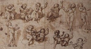 Estudos de Putti (caneta, tinta, lavagem e giz) de Giovanni Baglione