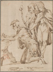 Eremita ajoelhado e duas figuras drapejadas contemplando um crânio de Giovanni Bandini