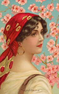 Retrato de uma mulher napolitana com uma árvore em flor (cor litho) de Giovanni Barbaro