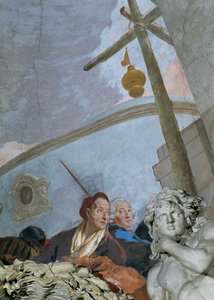 Um autorretrato mostra um Tiepolo exausto e muito envelhecido que se inclina sobre a cartela de canto ... (fresco)
