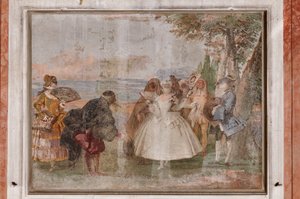 Alojamento dos convidados, a Sala das Cenas de Carnaval: "Pantalone e Columbina", uma cena com máscaras de Giovanni Battista Tiepolo