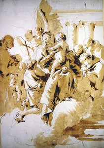 Madonna e Criança com Anjos, Santos e o Menino João Batista (caneta e tinta marrom e lavagem em papel) de Giovanni Battista Tiepolo
