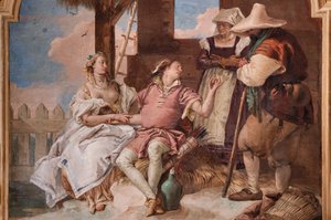 Palazzina (Pequeno Edifício): segunda sala ou sala de Ariosto com frescos representando episódios de "Orlando Furioso": "Angélica e Medoro na casa dos pastores". de Giovanni Battista Tiepolo