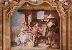 Palazzina (Pequeno Edifício): segunda sala ou sala de Ariosto com frescos representando episódios de "Orlando Furioso": "Angélica e Medoro na casa dos pastores". de Giovanni Battista Tiepolo