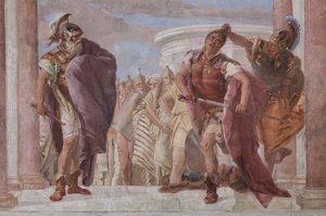 Palazzina (Prédio Pequeno): vista da primeira sala e seus afrescos representando episódios da Ilíada: "Atena impede Aquiles de desembainhar sua espada contra Agamenon", detalhe de Giovanni Battista Tiepolo
