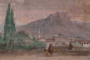 Palazzina (Prédio Pequeno): vista da primeira sala e seus afrescos representando episódios da Ilíada: "Cupido com flechas voando sobre uma paisagem veneziana", detalhe sobre a paisagem de Giovanni Battista Tiepolo