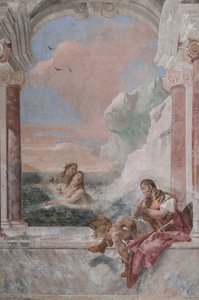 Palazzina (Pequeno Edifício): vista da primeira sala e dos seus frescos representando episódios da Ilíada: "Aquiles in tears while his mother Thetis emerge do mar para o consolar" de Giovanni Battista Tiepolo