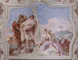 Palazzina (Pequeno Edifício): vista da quarta sala ou de Torquato Tasso, com freescoes representando episódios de "Jerusalém Entregue": "Rinaldo, escoltado por Ubaldo e Carlo, abandona Armida". de Giovanni Battista Tiepolo