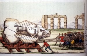 Transporte do busto de Memnon nas margens do Nilo por Belzoni. Giovanni Battista (Gianbattista) Belzoni (1778-1823), explorador e arqueólogo italiano, fez importantes descobertas arqueológicas no Egito. Gravura - em "Viaggio in Egitto e de Giovanni Battista (after) Belzoni
